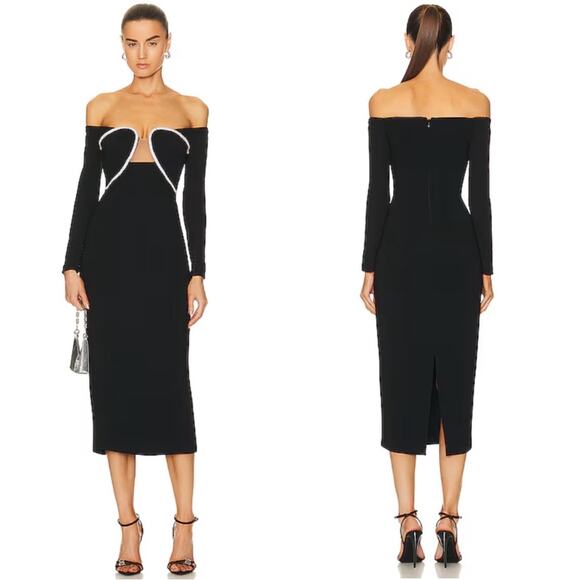 Self-Portrait Dresses & Skirts - Self-Portrait Off Shoulder Crystal Embellished Heavy Black Midi Dress Size 6